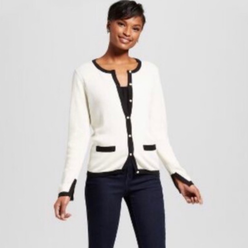 A New Day Black White Cardigan Contrast Trim Button Front Classic Preppy Medium